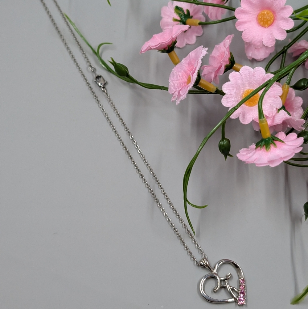 Camco Brand Signed Silver Heart Necklace with Pink Crystal Accents